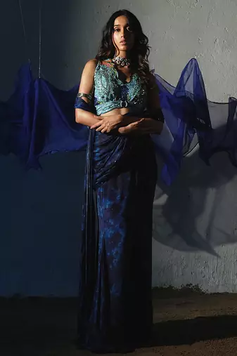 Blue embroidered chiffon saree