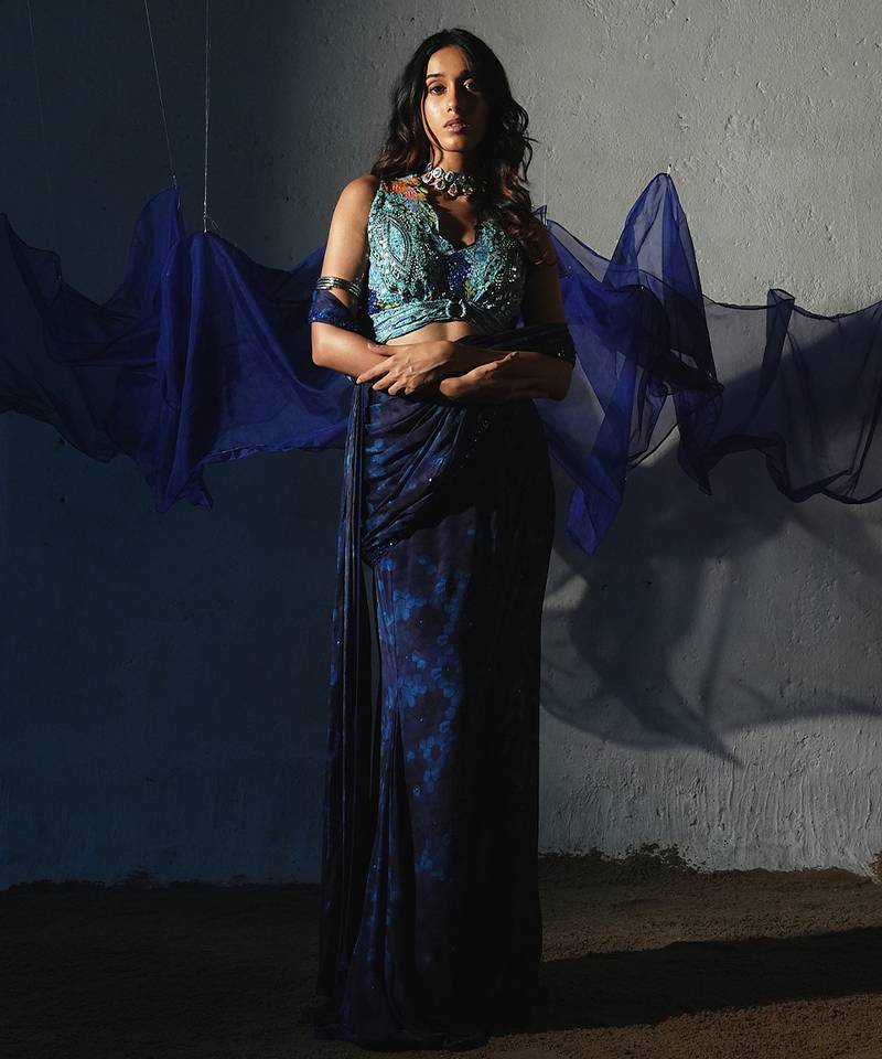 Blue embroidered chiffon saree