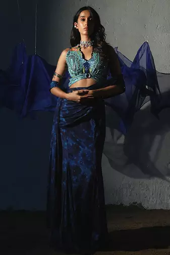 Blue embroidered chiffon saree