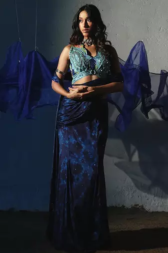 Blue embroidered chiffon saree