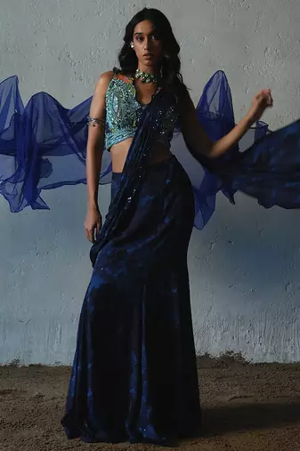 Blue embroidered chiffon saree