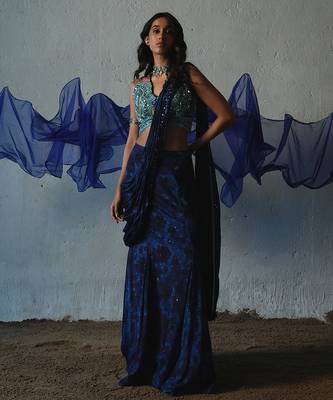 Blue embroidered chiffon saree 5