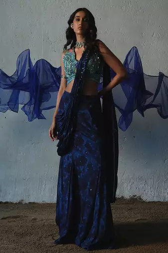 Blue embroidered chiffon saree
