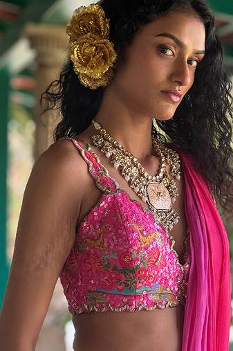 Pink embroidered chiffon saree
