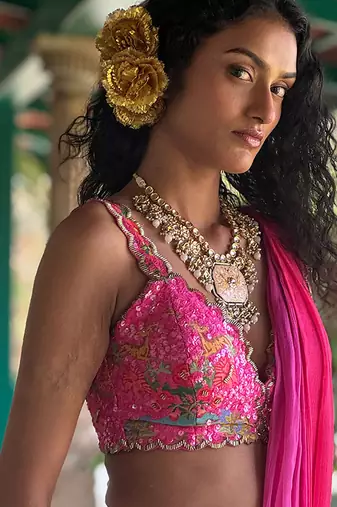 Pink embroidered chiffon saree