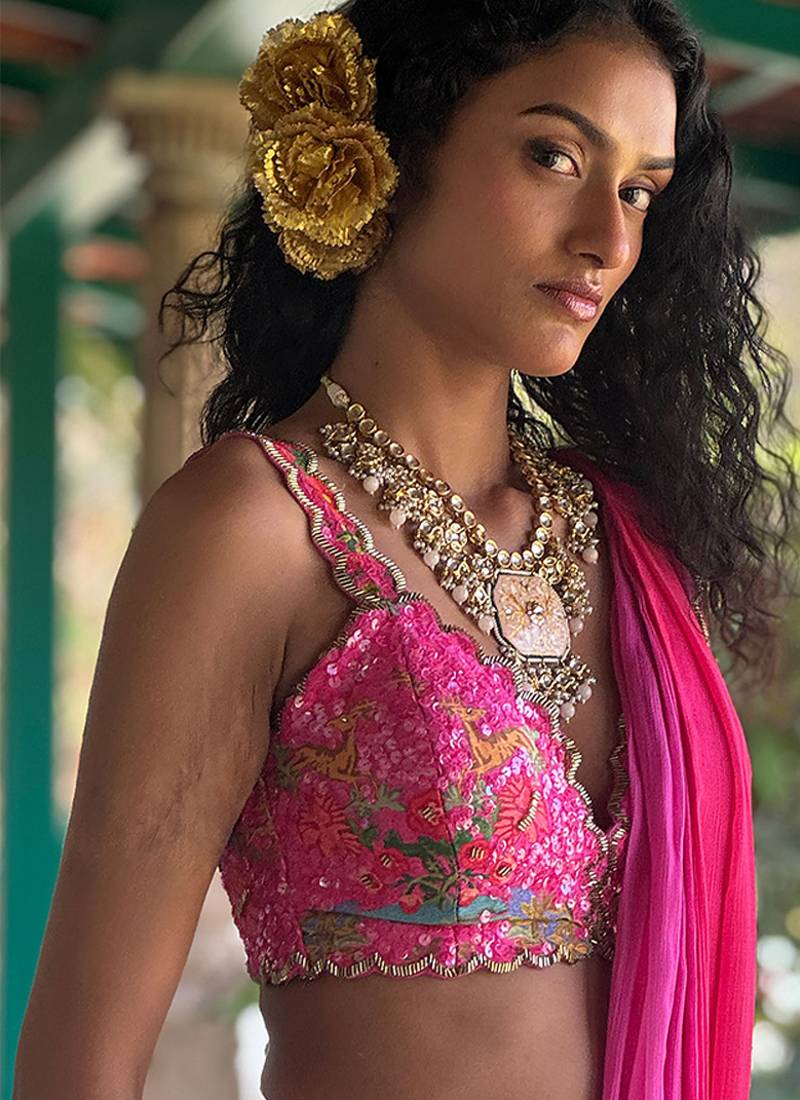 Pink embroidered chiffon saree