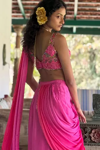 Pink embroidered chiffon saree