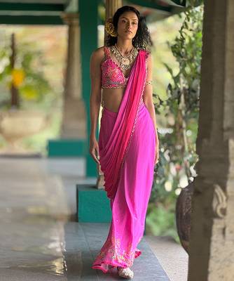 Pink embroidered chiffon saree 1