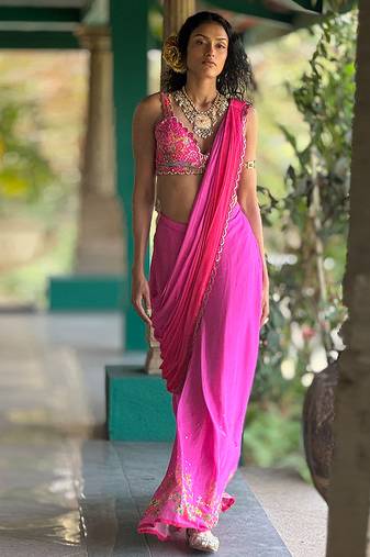 Pink embroidered chiffon saree