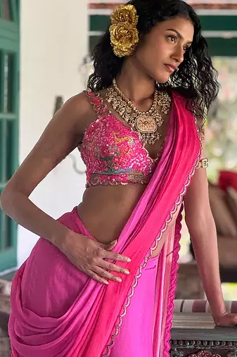 Pink embroidered chiffon saree