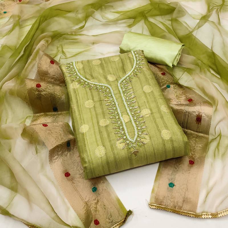 green cotton woven dress material