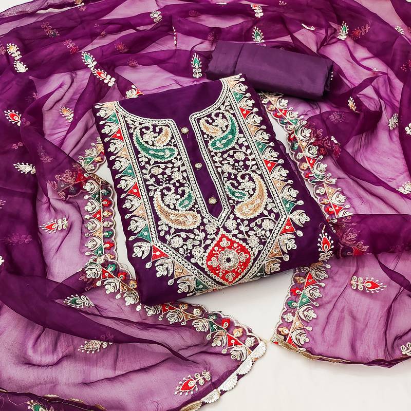 purple organza embroidered dress material