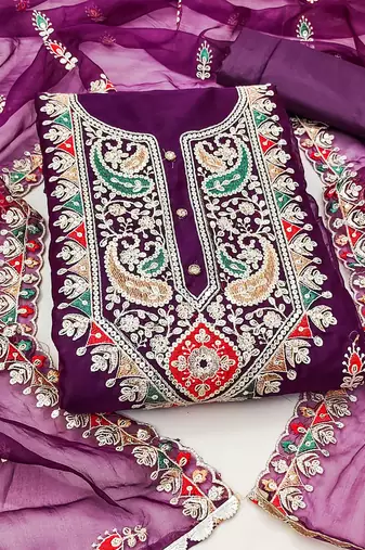 purple organza embroidered dress material
