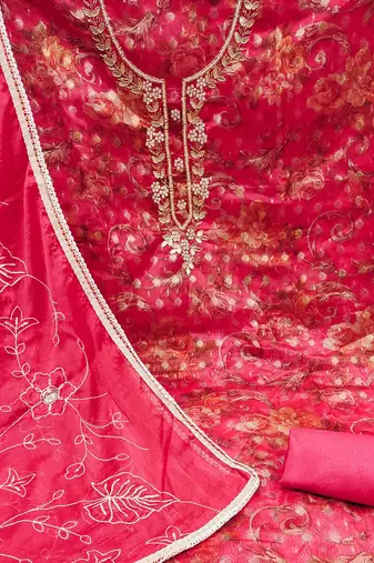 pink organza hand embroidery dress material