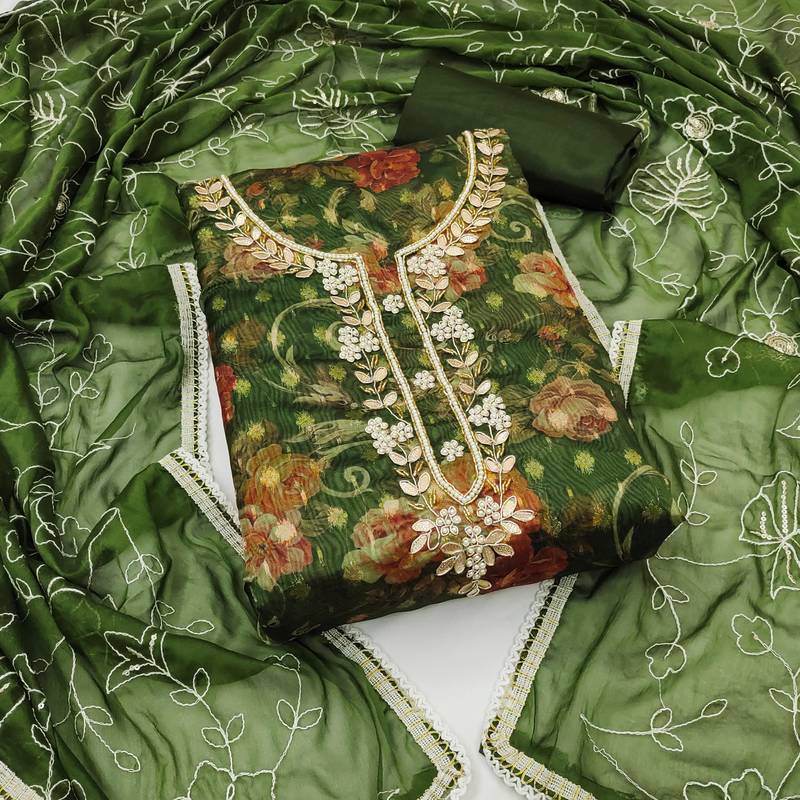 green organza hand embroidery dress material