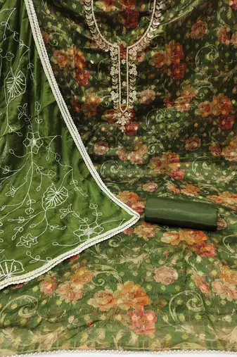 green organza hand embroidery dress material