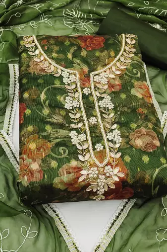 green organza hand embroidery dress material