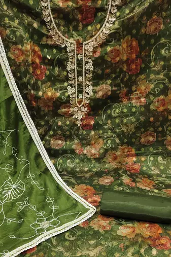 green organza hand embroidery dress material