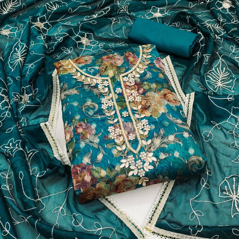 blue organza hand embroidery dress material