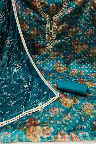 blue organza hand embroidery dress material