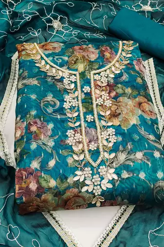 blue organza hand embroidery dress material
