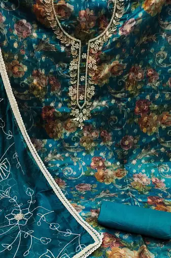 blue organza hand embroidery dress material