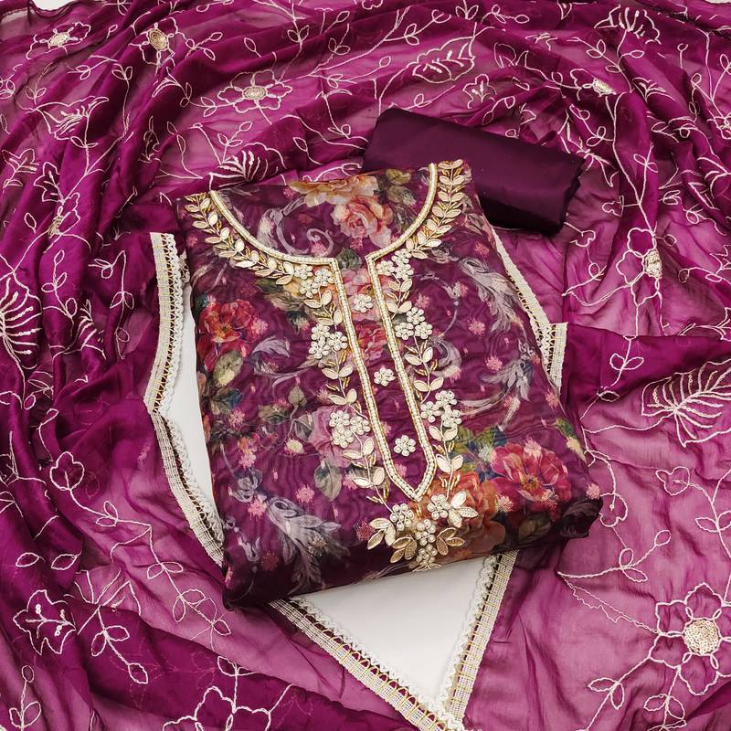 purple organza hand embroidery dress material