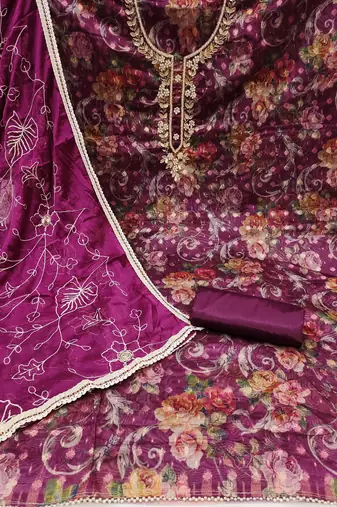 purple organza hand embroidery dress material