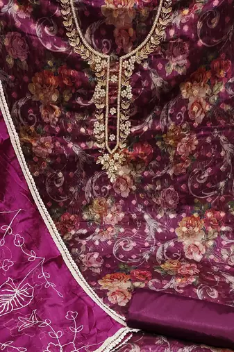 purple organza hand embroidery dress material