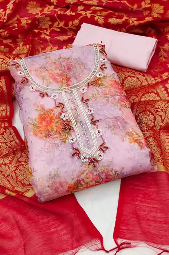 purple organza hand embroidery dress material