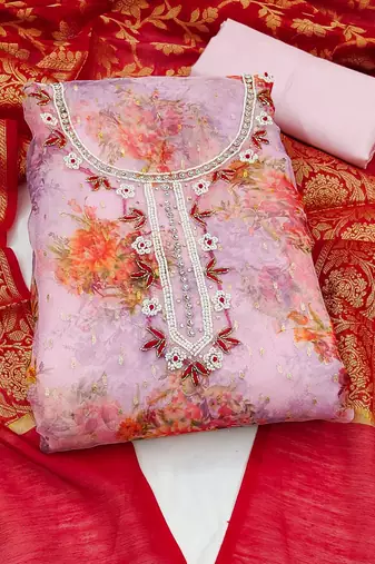 purple organza hand embroidery dress material