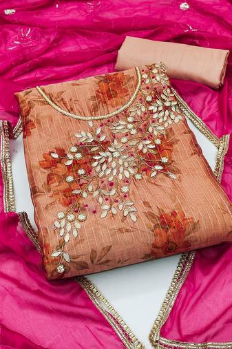 peach banarasi hand embroidery dress material