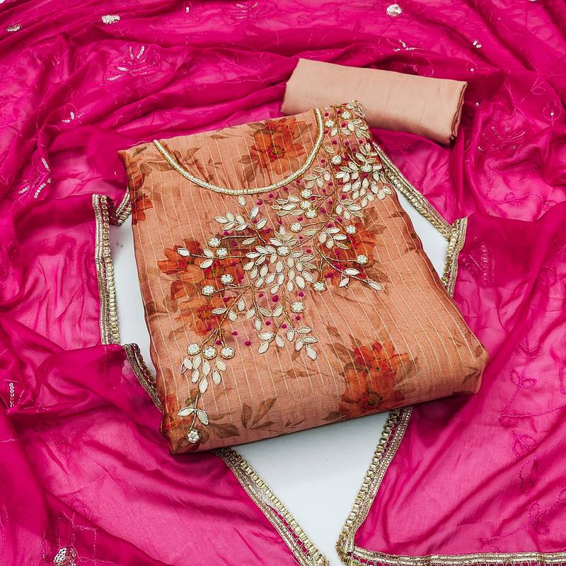 peach banarasi hand embroidery dress material