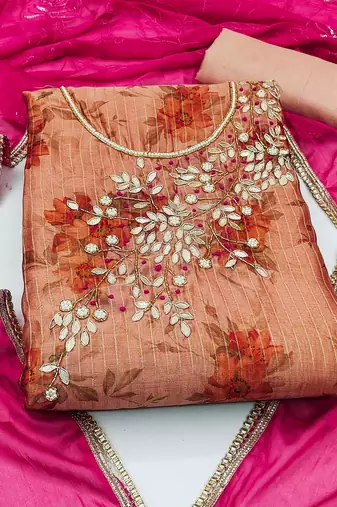 peach banarasi hand embroidery dress material