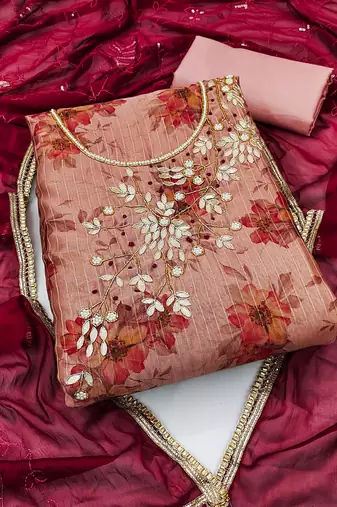 pink banarasi hand embroidery dress material