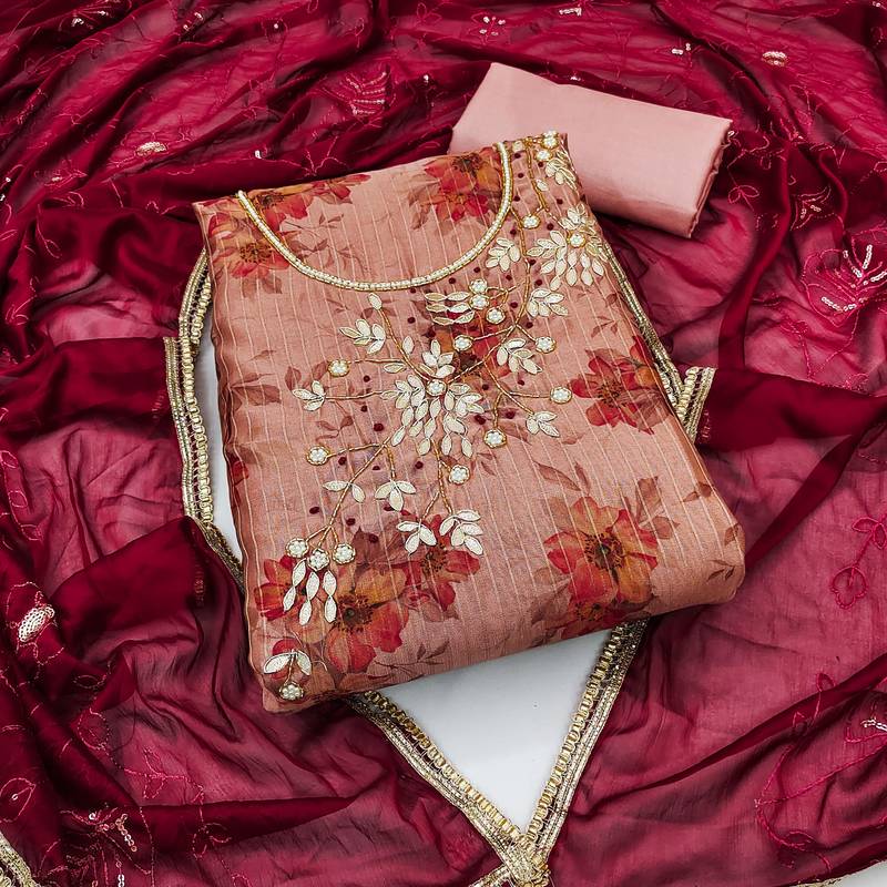 pink banarasi hand embroidery dress material