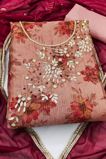 pink banarasi hand embroidery dress material