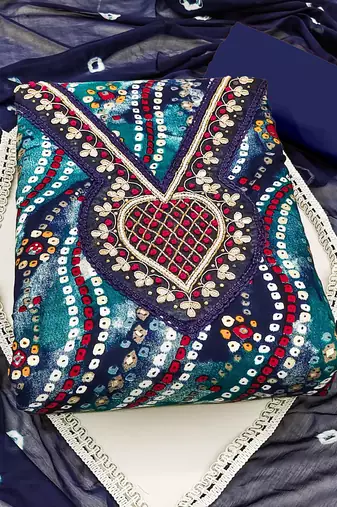 blue cotton hand embroidery dress material