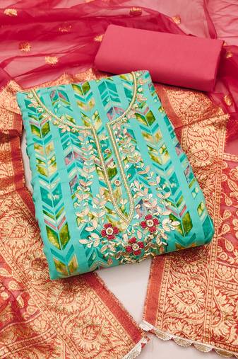 sea green cotton hand embroidery dress material