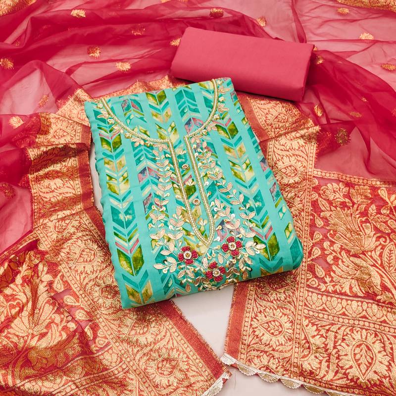 sea green cotton hand embroidery dress material