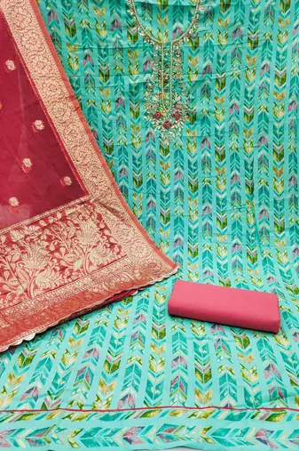 sea green cotton hand embroidery dress material