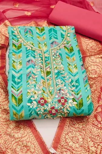 sea green cotton hand embroidery dress material