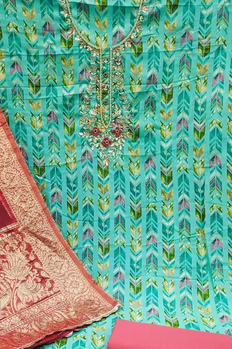 sea green cotton hand embroidery dress material