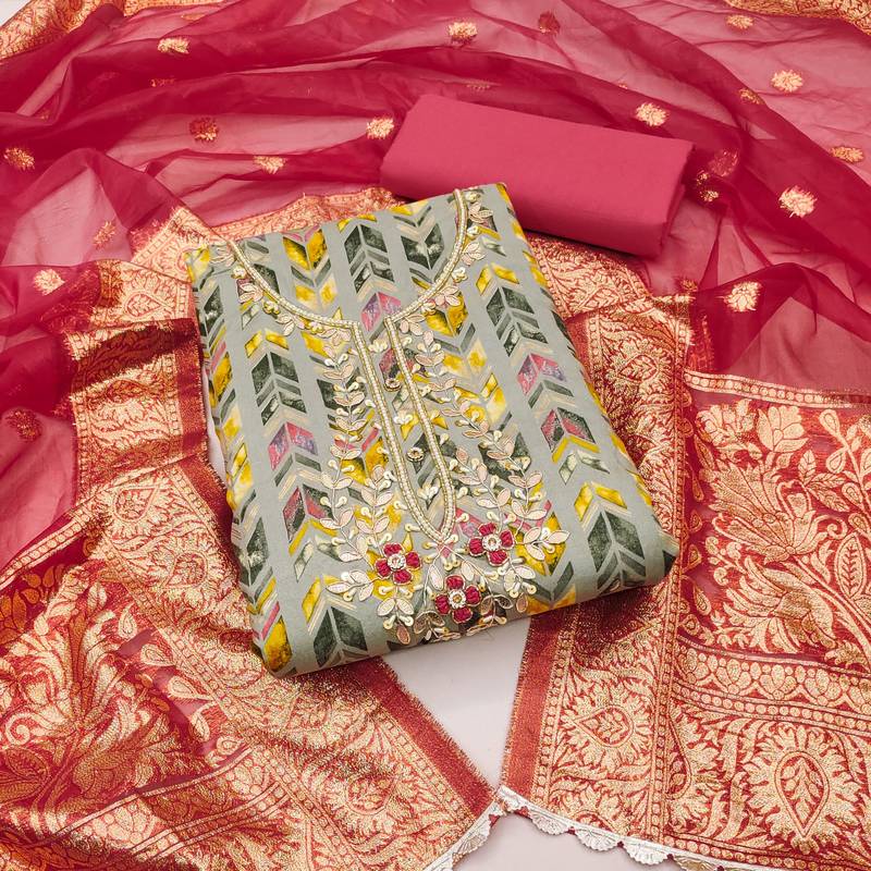 grey cotton hand embroidery dress material