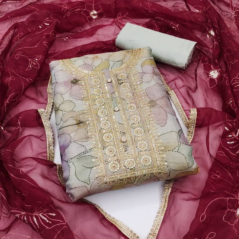 grey cotton hand embroidery dress material