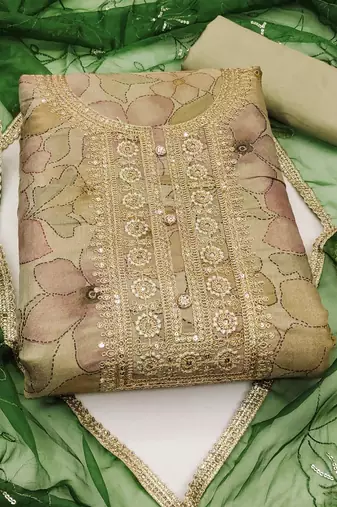 beige cotton hand embroidery dress material