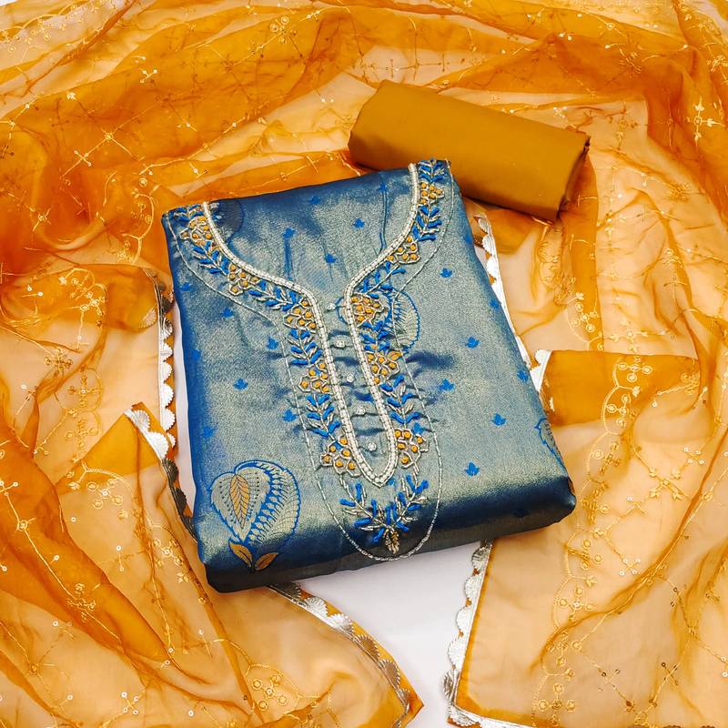 royal blue jacquard woven dress material