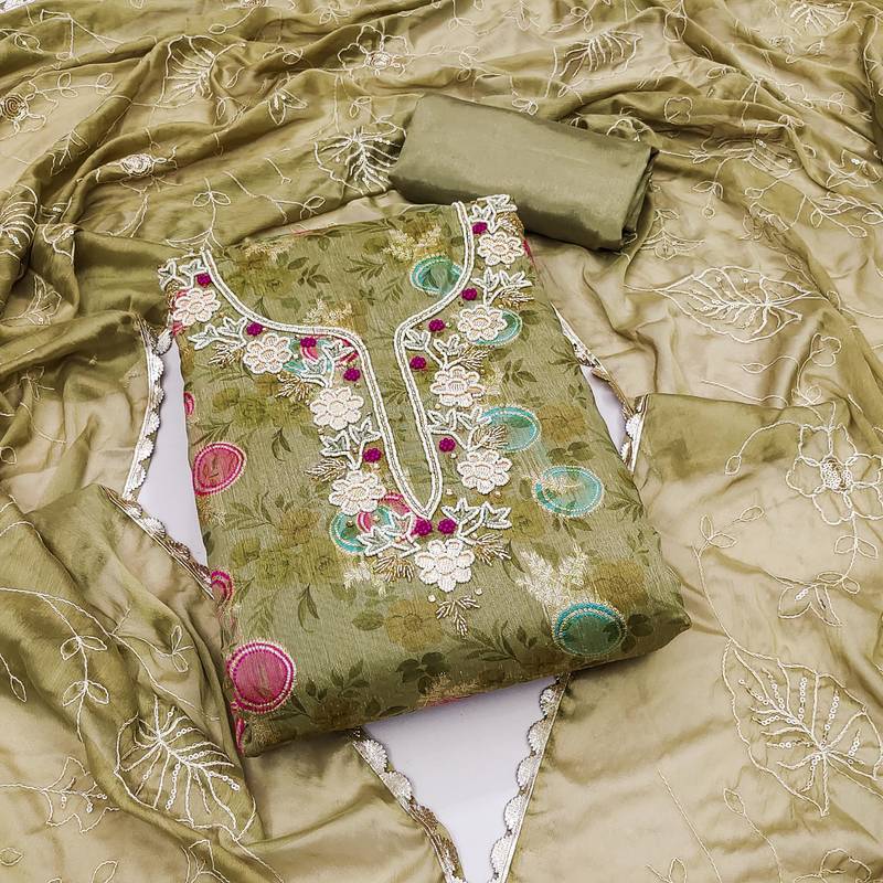 green jacquard woven dress material