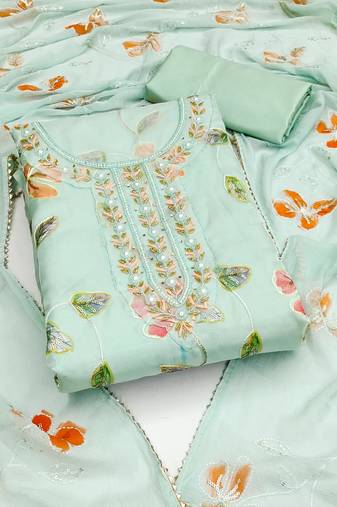 sea green organza embroidered dress material