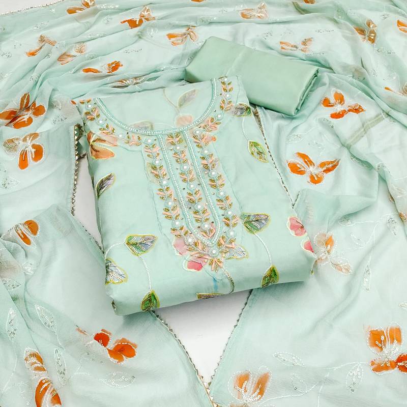 sea green organza embroidered dress material